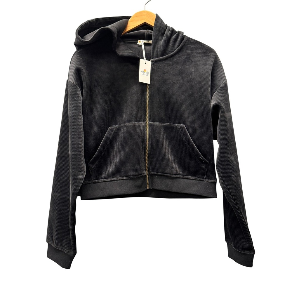Marine Layer Hoodie Womens Medium M Cropped Velour Corduroy Zip Up Black NEW